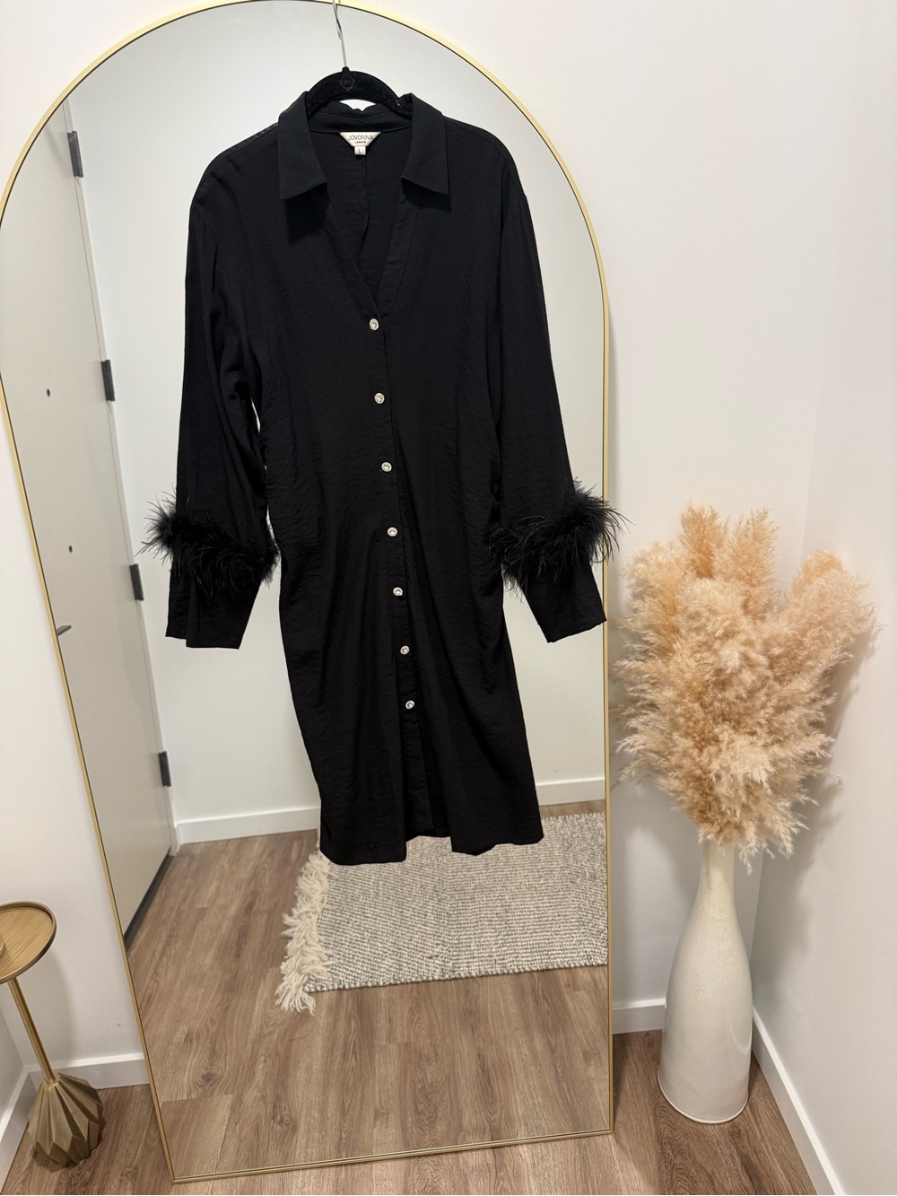 Jovonna London Black Long Sleeve Dress w Feather Detail